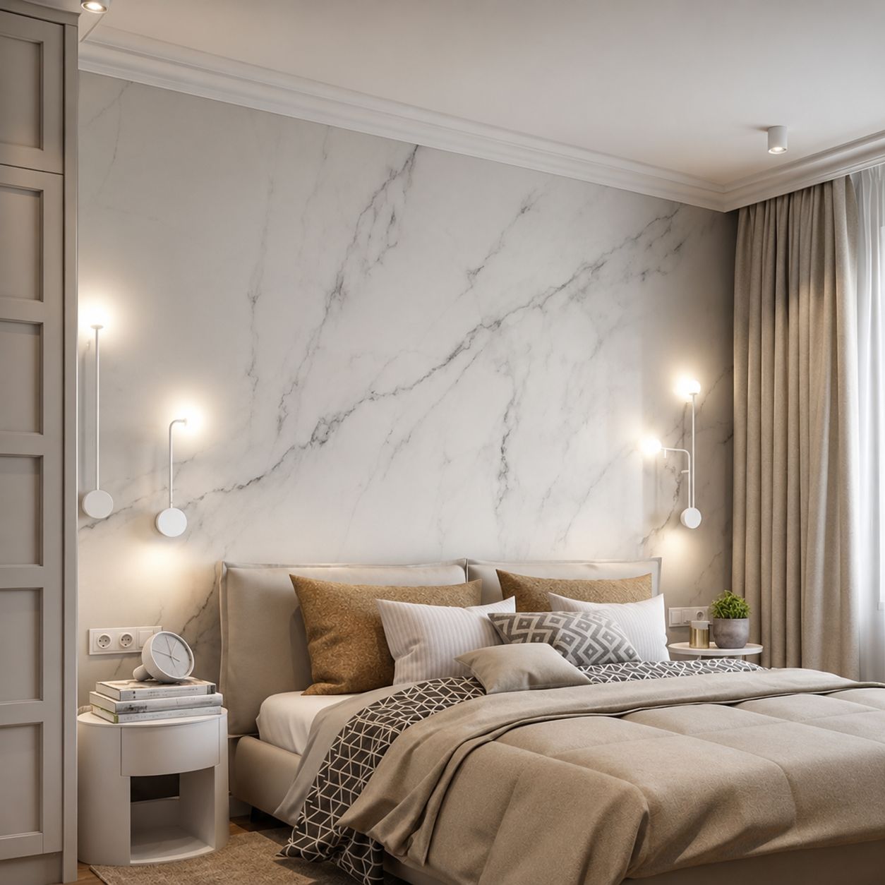 White marble-effect PVC bedroom feature wall panels — Bathroom Republic UK