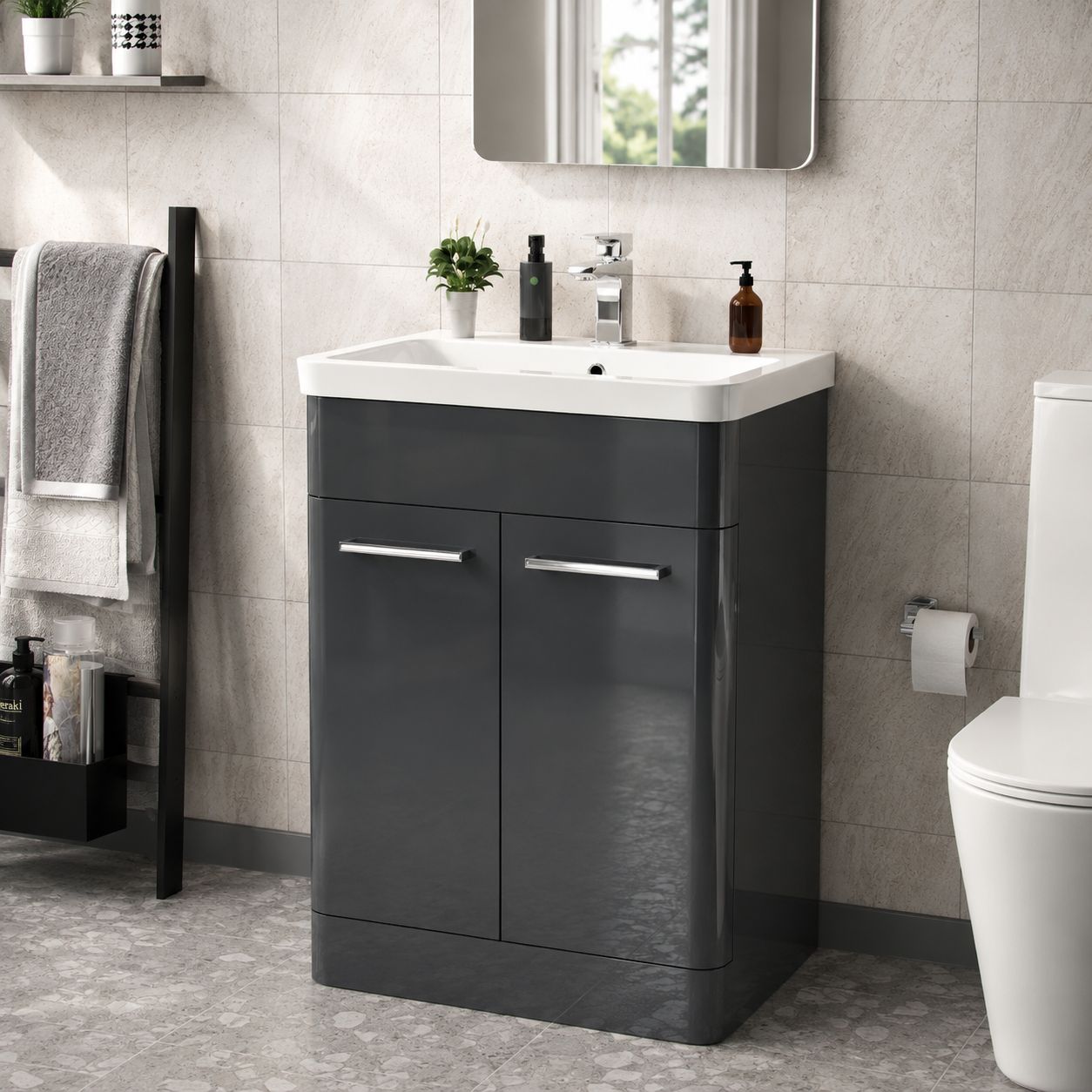Anthracite 600mm bathroom vanity unit with chrome bar handle and matching tall unit — Bathroom Republic UK