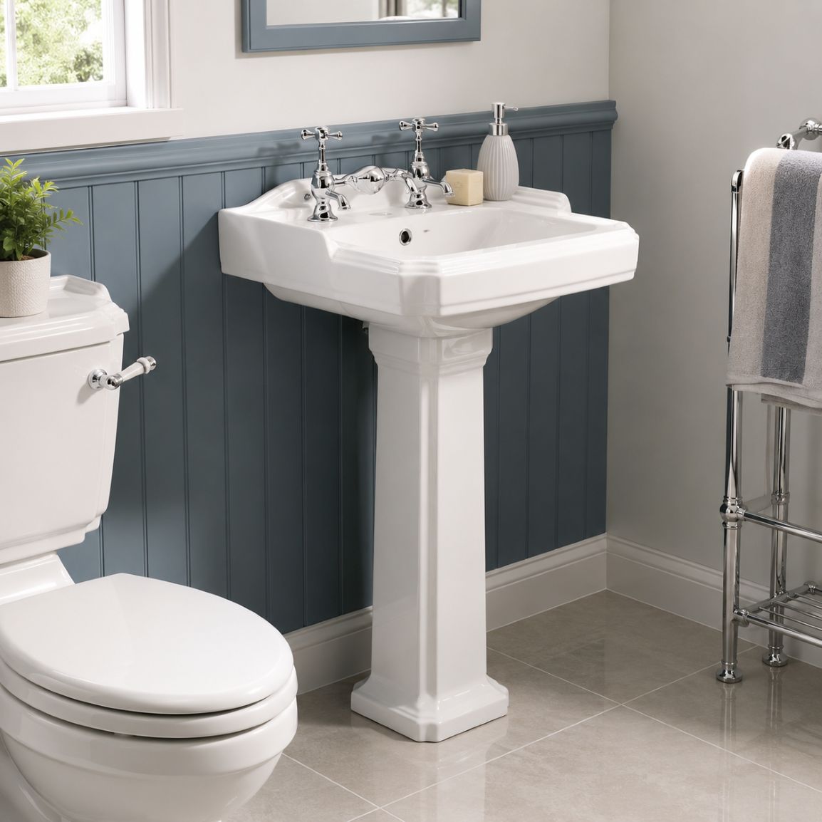 White full-pedestal bathroom basin with chrome tap — Bathroom Republic UK