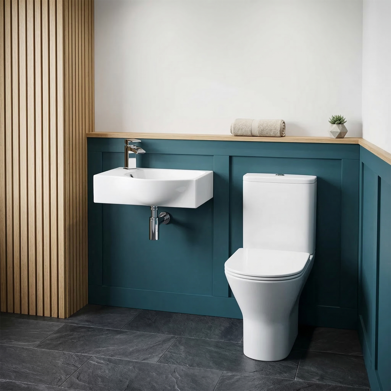 Compact basin and toilet set with integrated storage for small UK bathrooms