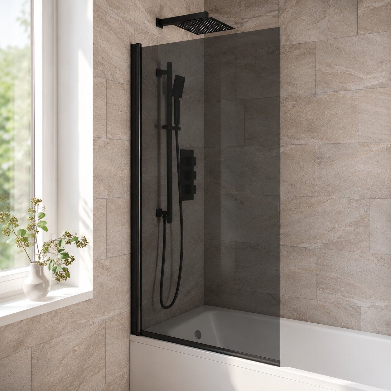 Matt black square bath screen with fixed panel on a white alcove bath — Bathroom Republic UK