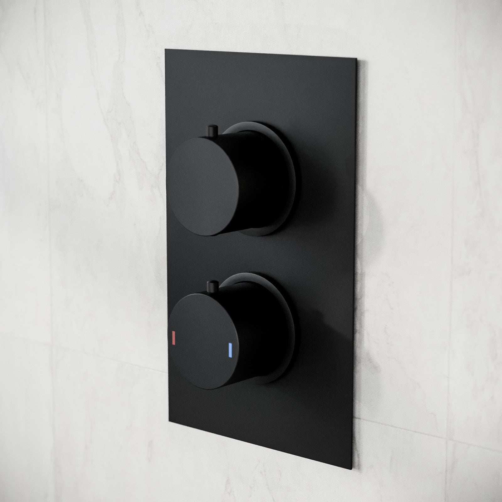 Black round-dial concealed shower valve trim plate recessed into grey wall tiles — Bathroom Republic UK