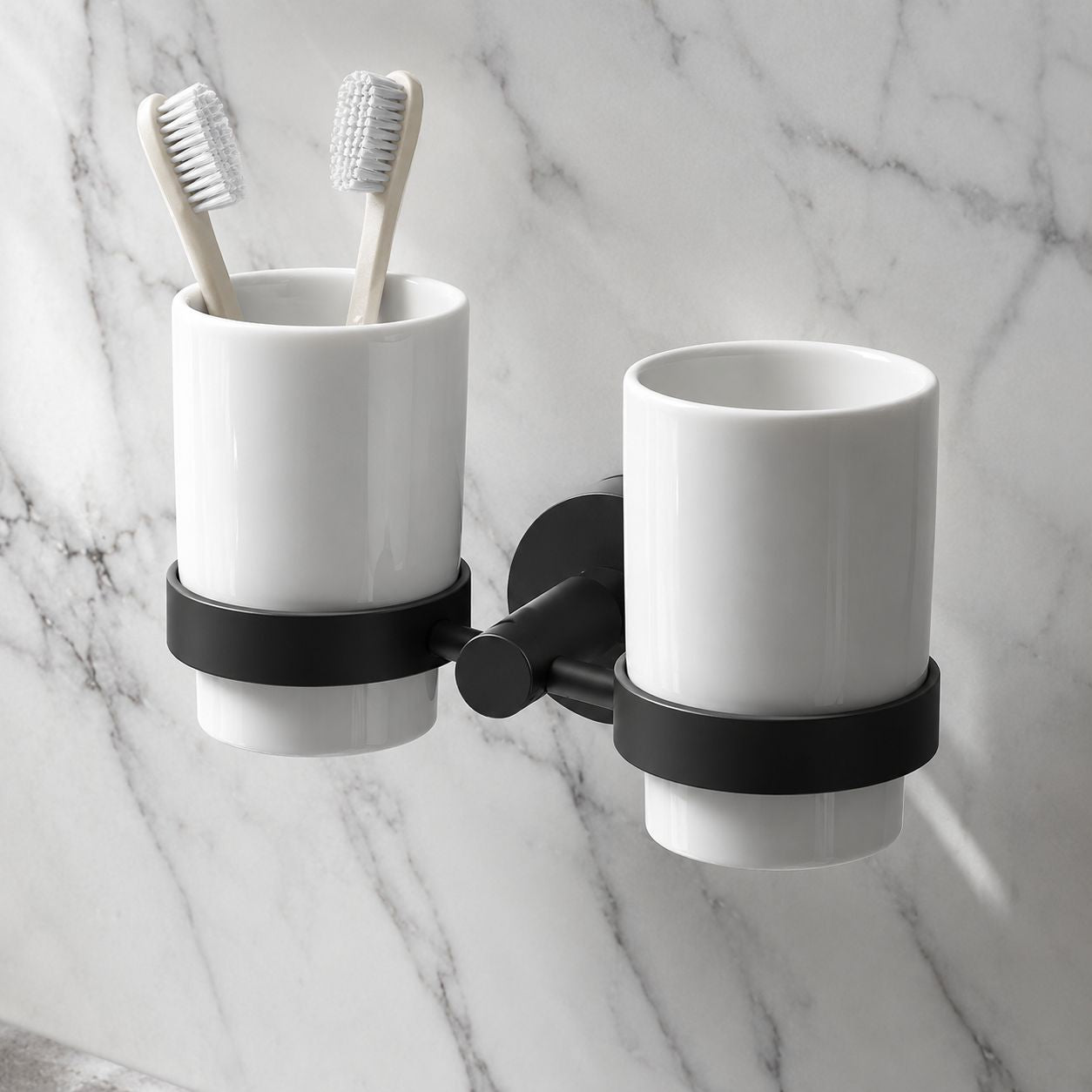 Chrome double glass tumbler toothbrush holder mounted on bathroom wall — Bathroom Republic UK