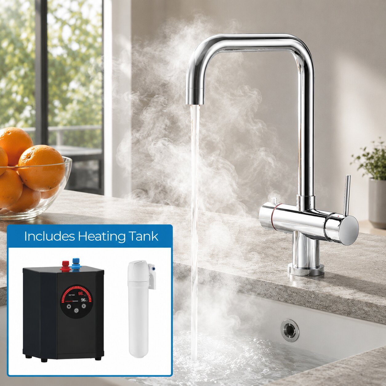 Chrome instant hot water tap above a kitchen sink — Bathroom Republic UK