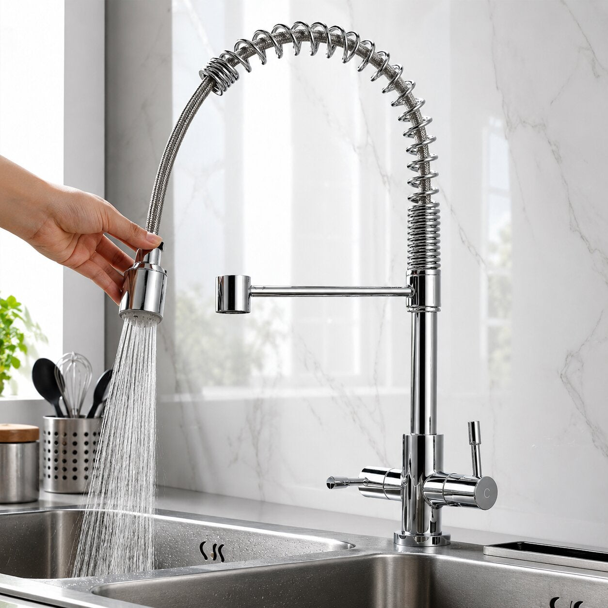 Chrome spray pull-out aerator kitchen tap with retractable hose — Bathroom Republic UK