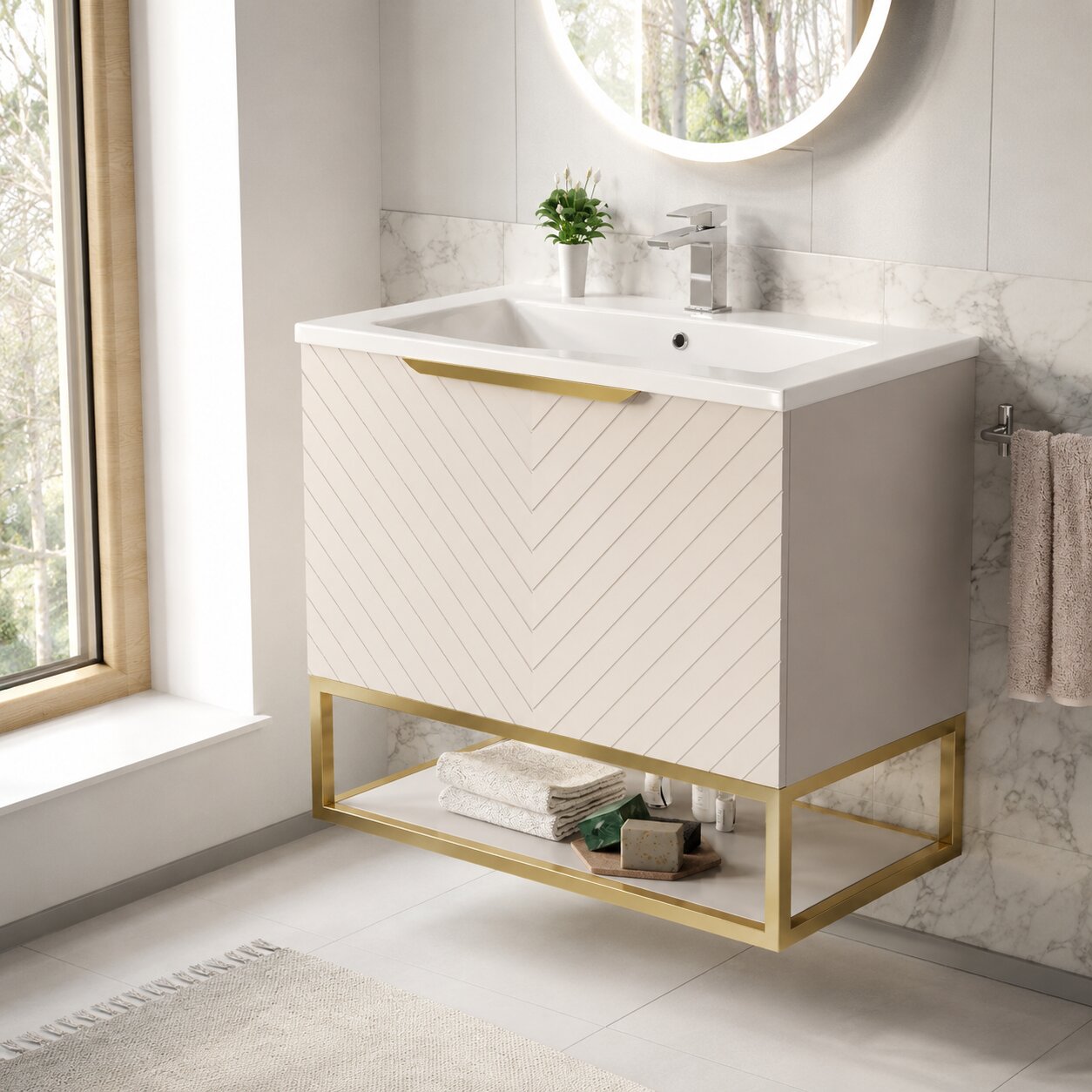 White wall hung bathroom vanity unit with double drawer and chrome bar handle — Bathroom Republic UK