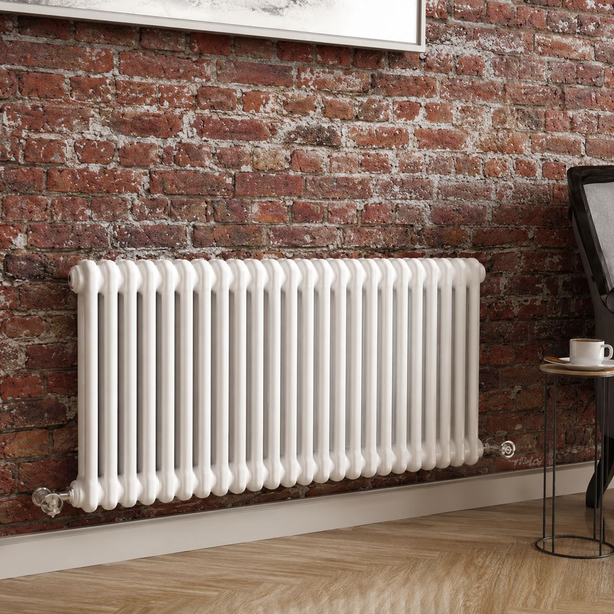 White column radiator against exposed brick wall — Bathroom Republic UK