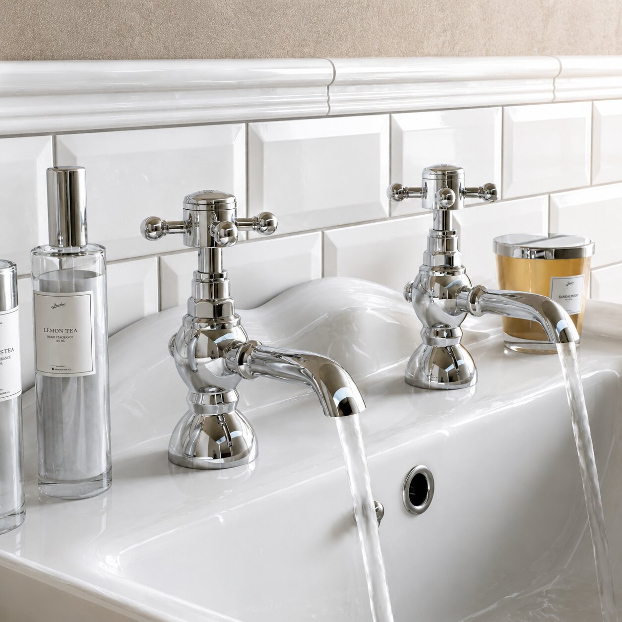 Chrome Victorian crosshead traditional basin taps on a white basin — Bathroom Republic UK