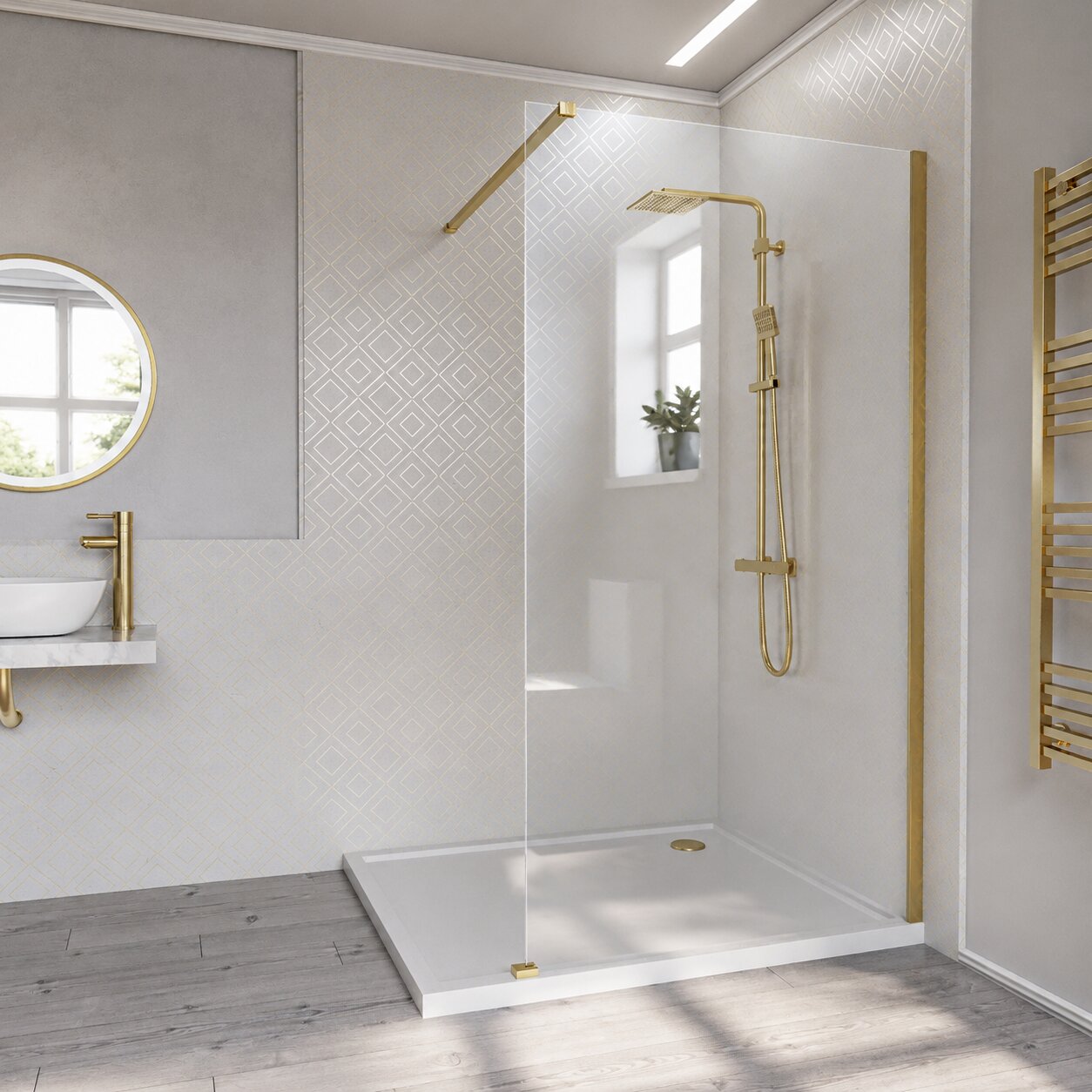 Brushed brass frameless shower glass panel with walk-in wet room configuration — Bathroom Republic UK