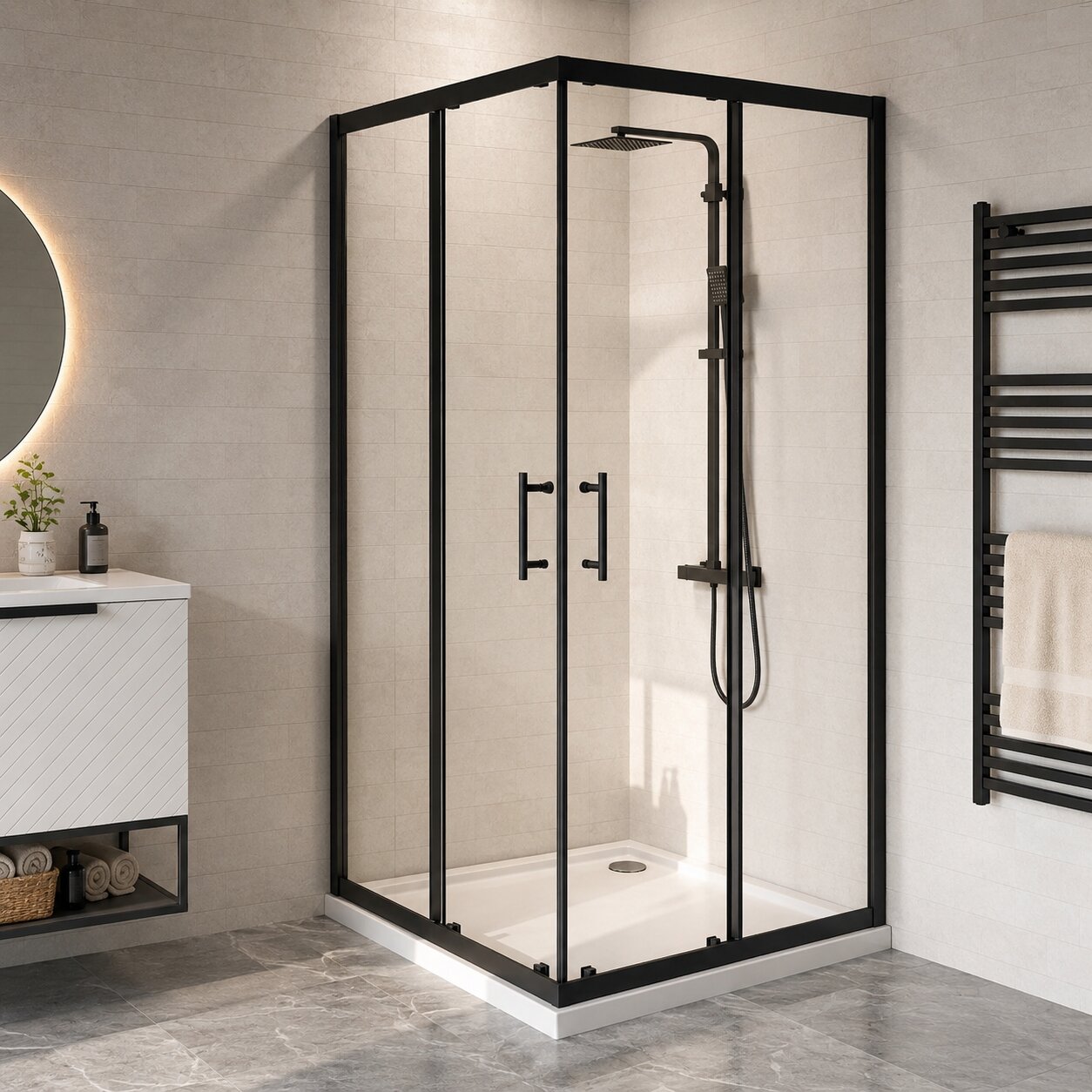 Matte black square shower enclosures in 800mm and 900mm corner-fit sizes — Bathroom Republic UK