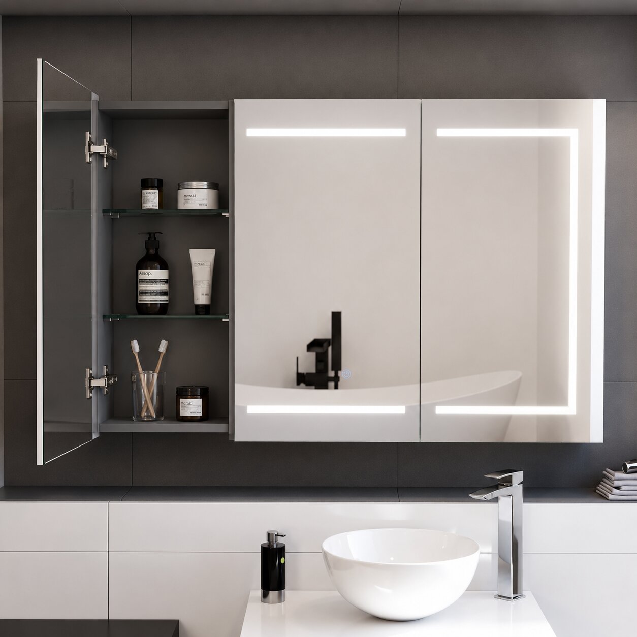 White double door LED mirror cabinet on a dark bathroom wall — Bathroom Republic UK