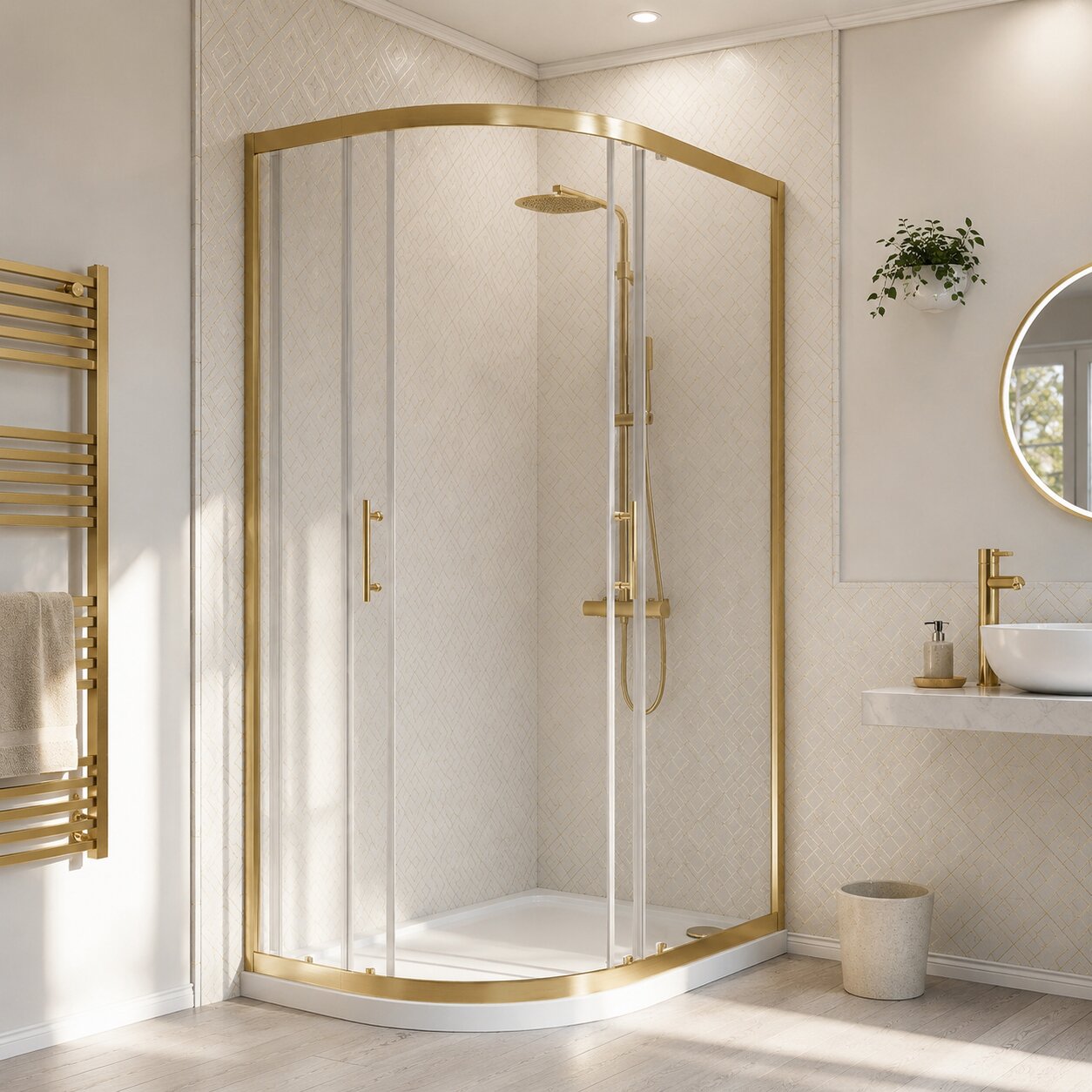 Chrome offset quadrant shower enclosure with curved sliding door in rectangular corner-fit — Bathroom Republic UK