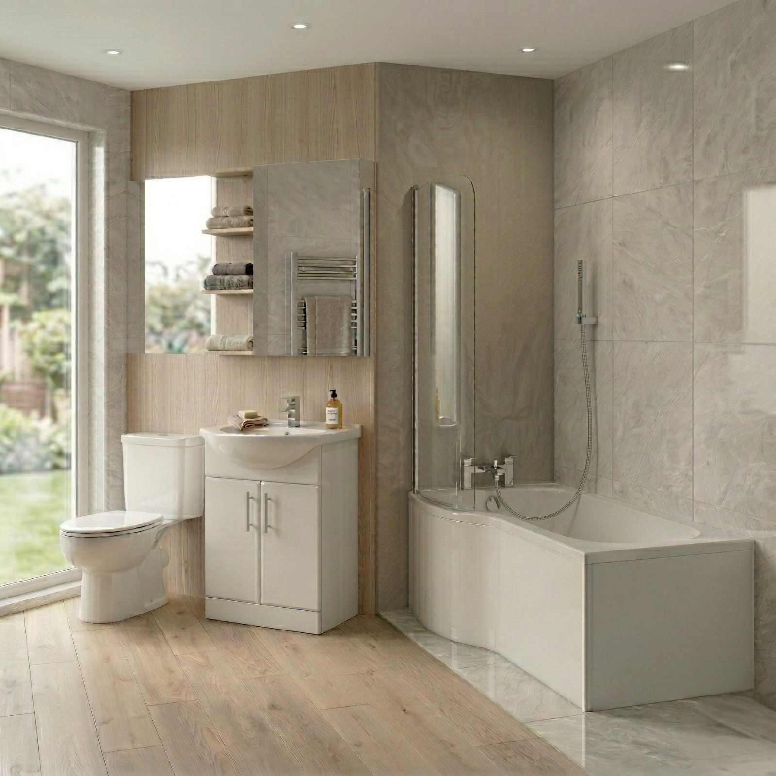 Modern Bathroom Suites UK collection featuring contemporary bath, toilet and vanity unit combinations by Bathroom Republic.