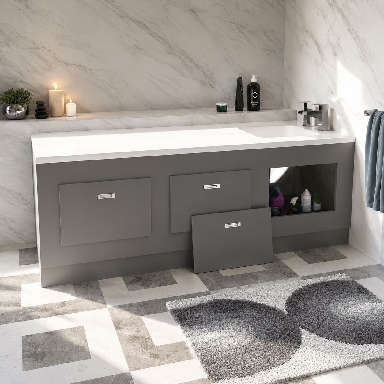 Dark grey PVC bath front panel fitted to a white alcove bath — Bathroom Republic UK
