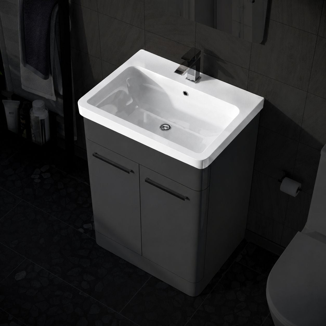 White rectangular inset basin set into a stone worktop — Bathroom Republic UK