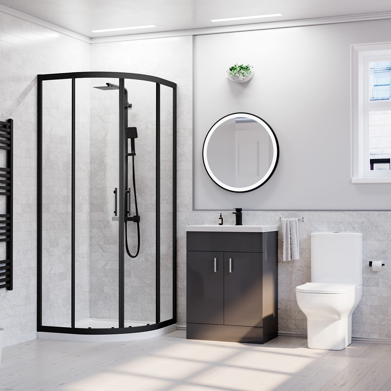 Modern shower enclosure suite with matching vanity unit and toilet for contemporary UK bathrooms