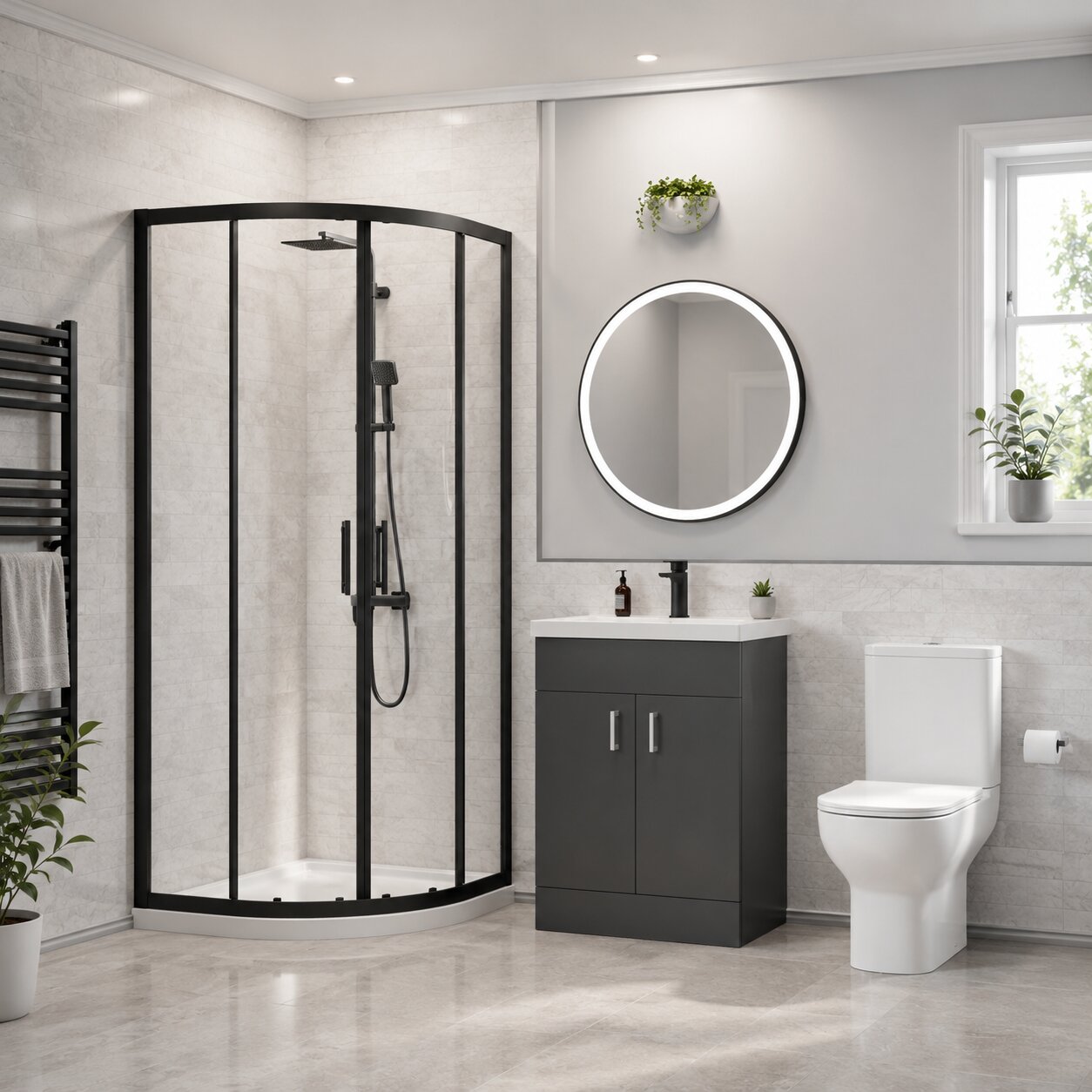 Shower enclosure suite with quadrant enclosure, matching toilet and vanity unit in white — Bathroom Republic UK