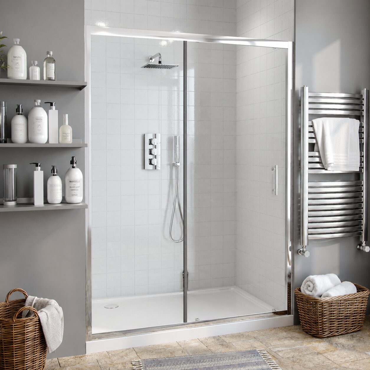 Matte black sliding door shower enclosure with horizontal track and chrome trim — Bathroom Republic UK