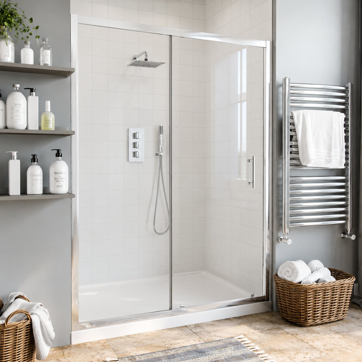 Chrome sliding shower enclosure door panel 1000mm on horizontal track — Bathroom Republic UK