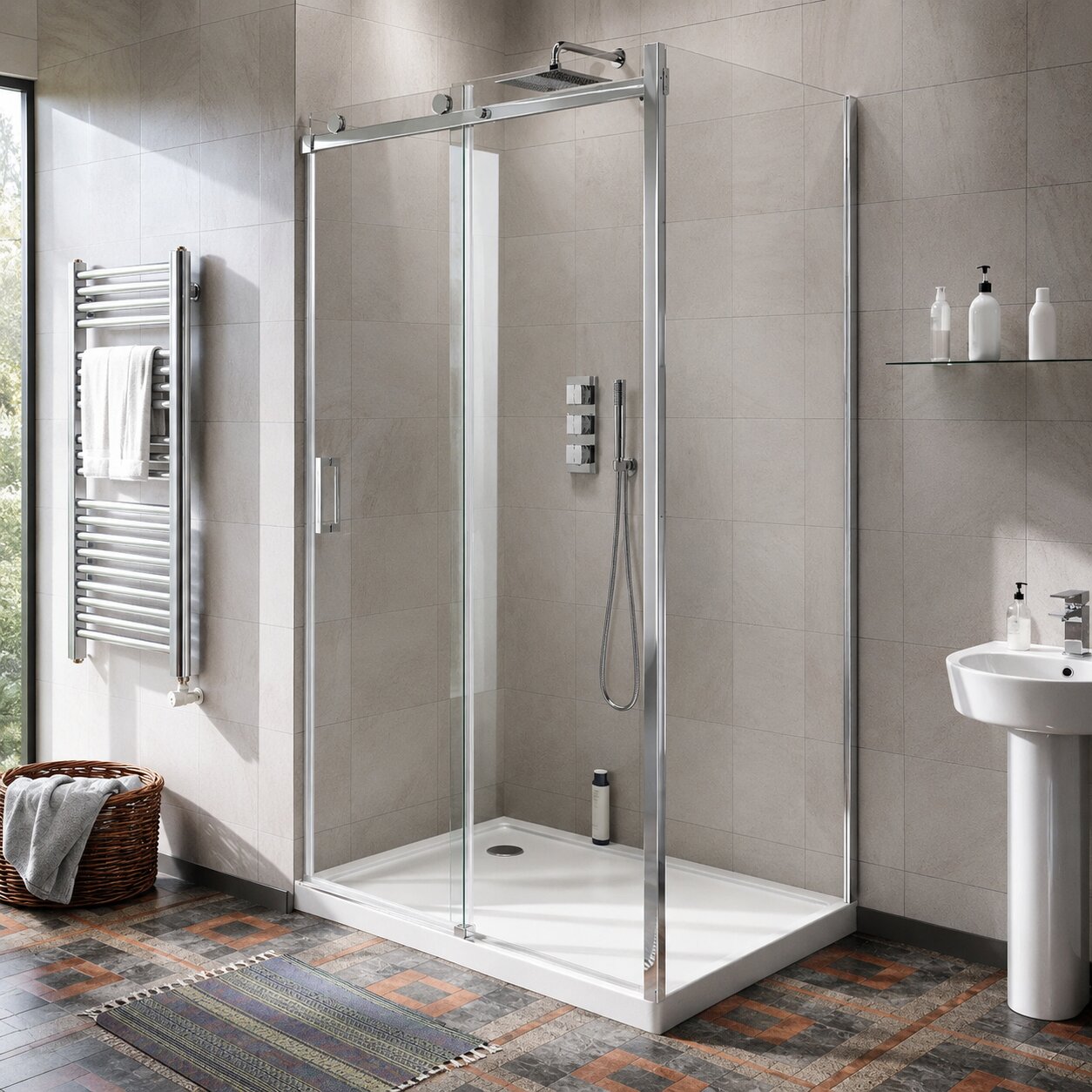 Frameless shower enclosure with 8mm toughened glass and minimal chrome fittings — Bathroom Republic UK