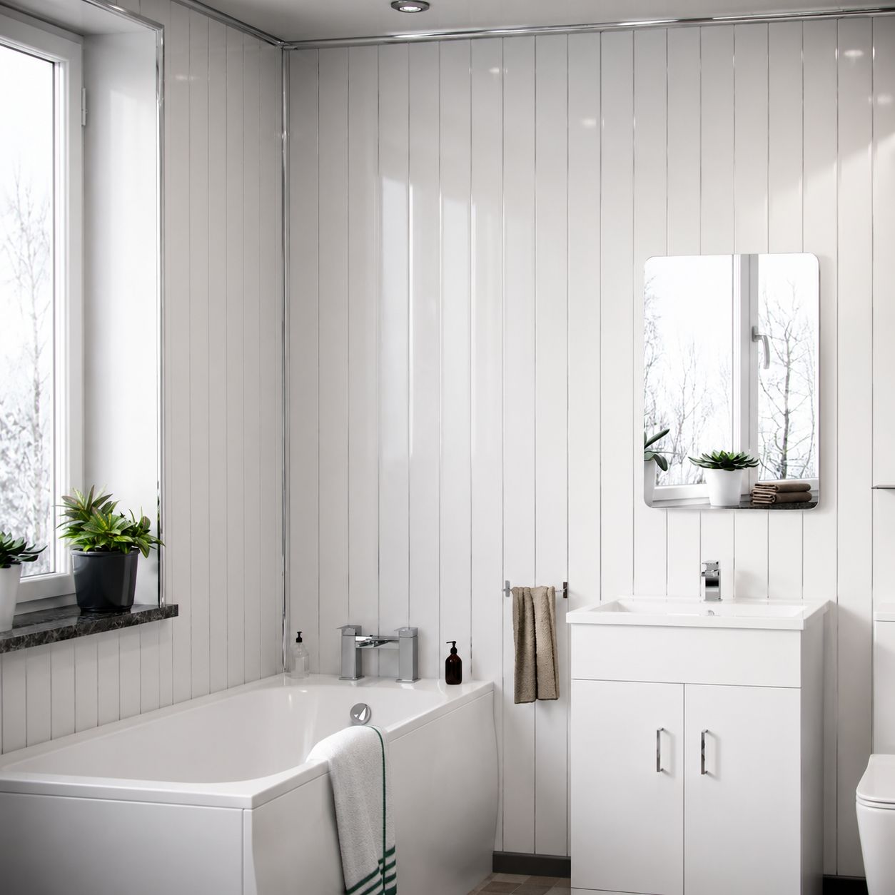 White marble-effect PVC shower wall panels in wet room — Bathroom Republic UK