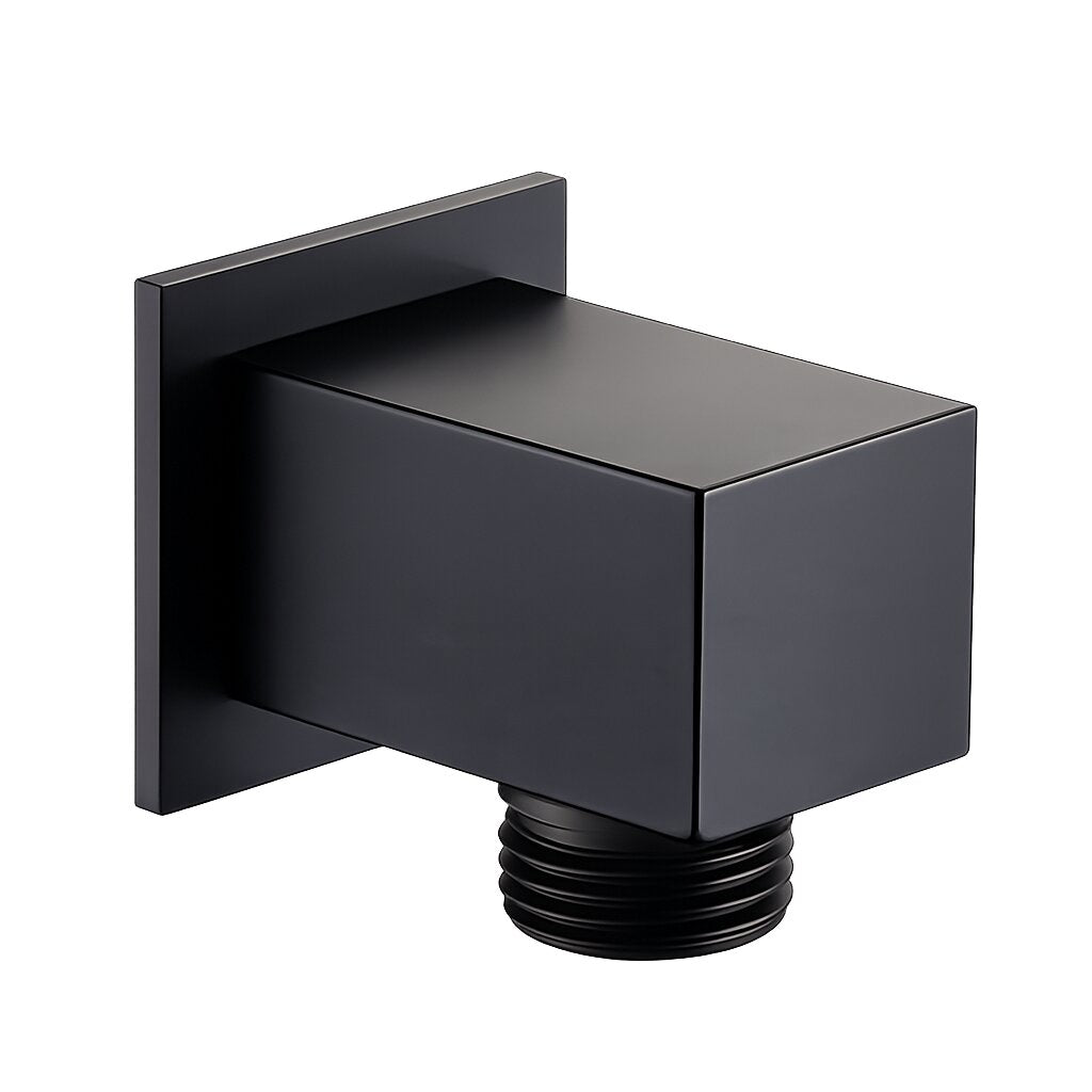 Matte black square wall outlet elbow connector for a handheld shower hose, featuring a modern minimalist design for contemporary bathroom shower installations.