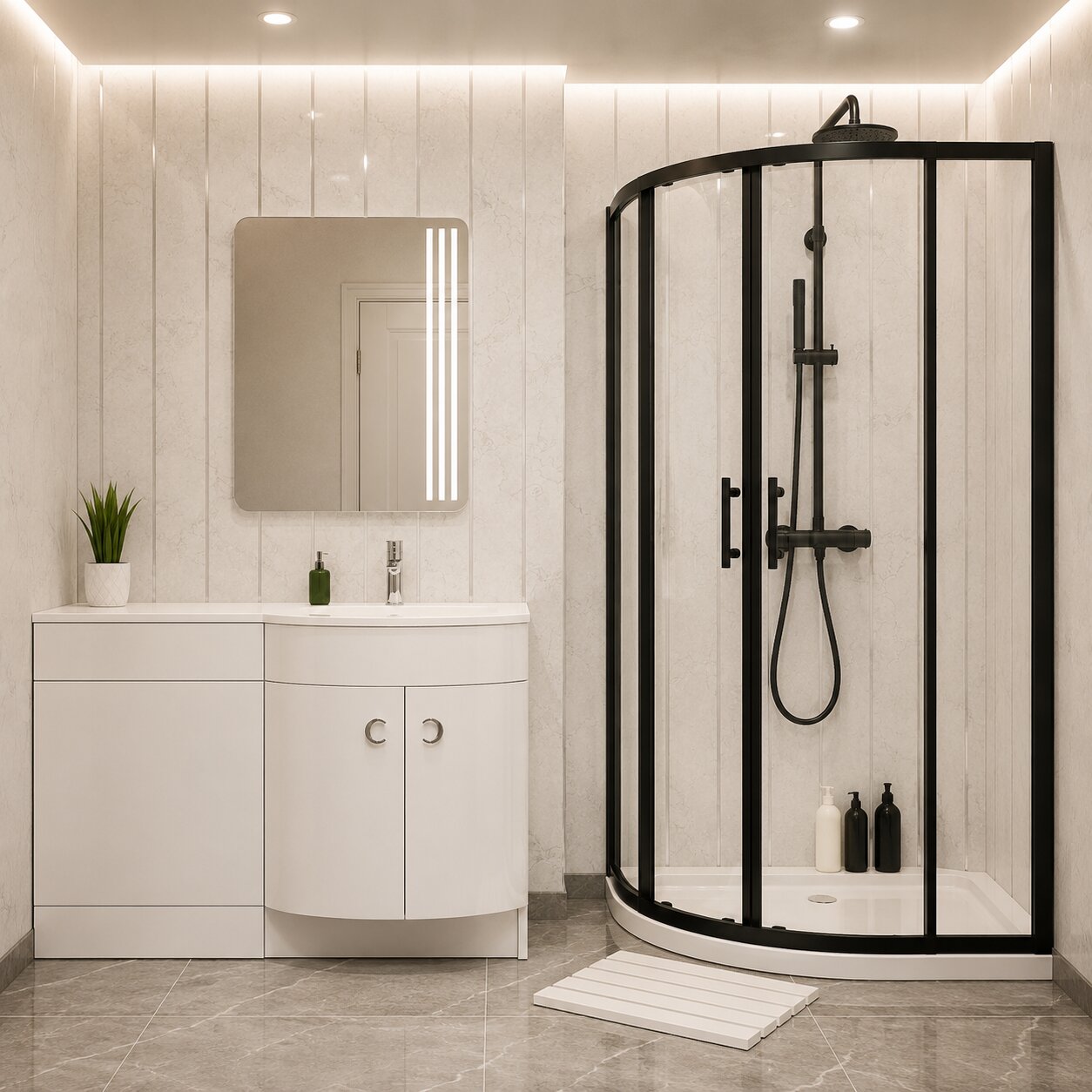 White vanity unit and back-to-wall WC with black quadrant corner shower enclosure — Bathroom Republic UK