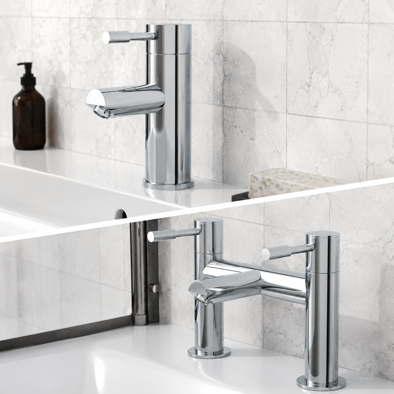 Chrome bath and basin tap set on a white bath and basin — Bathroom Republic UK