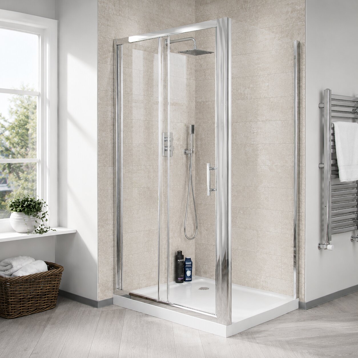 Chrome bi-fold shower enclosure with folding door panels in alcove installation — Bathroom Republic UK
