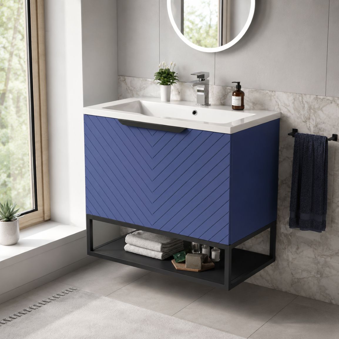 Blue bathroom vanity unit with matt finish and black frame handle — Bathroom Republic UK