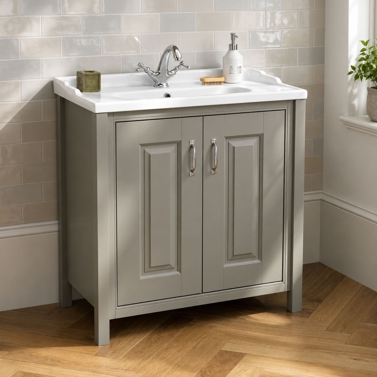 Cream freestanding traditional bathroom vanity unit with framed doors and chrome tap — Bathroom Republic UK
