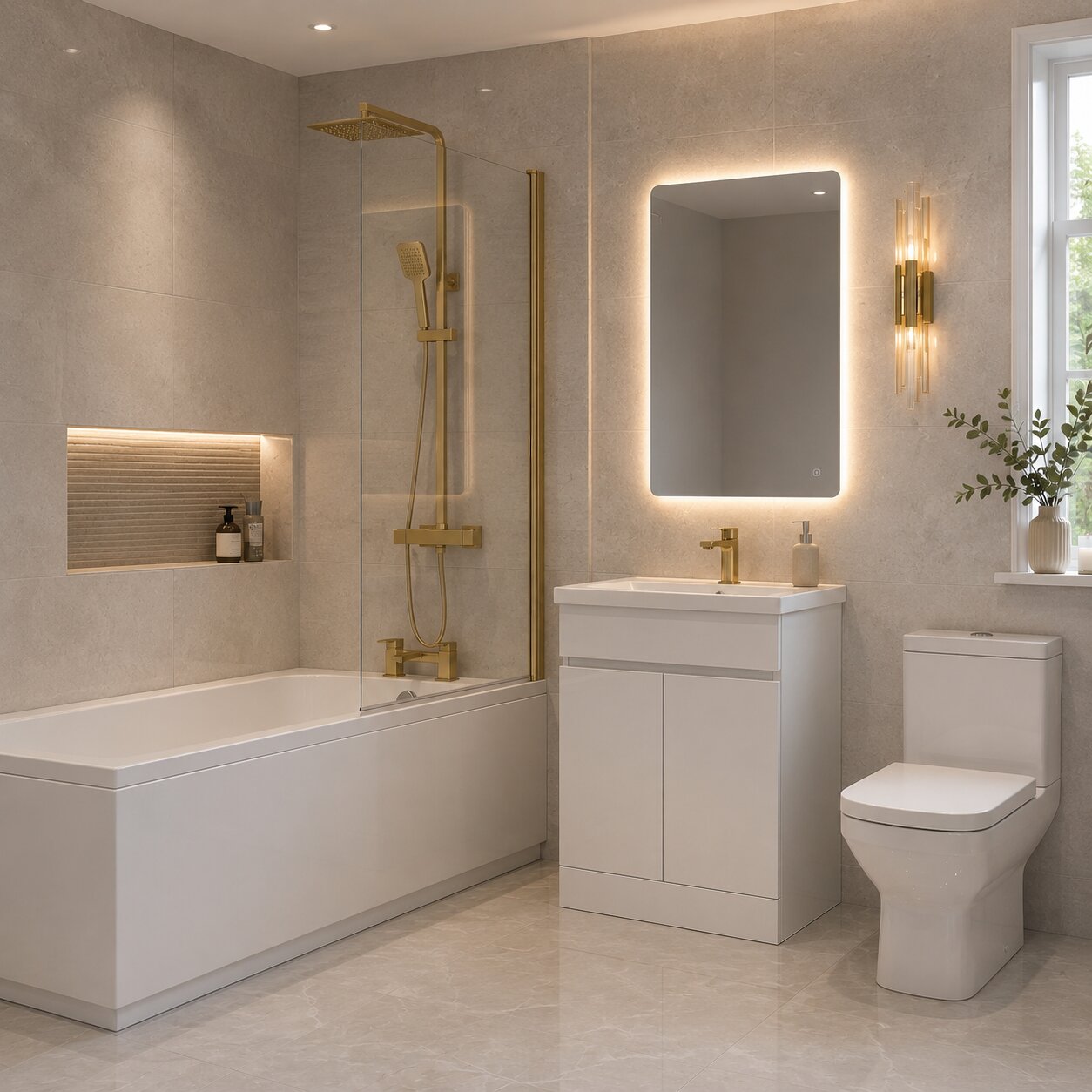 Brushed brass complete bathroom suite with matching bath, toilet and vanity unit — Bathroom Republic UK