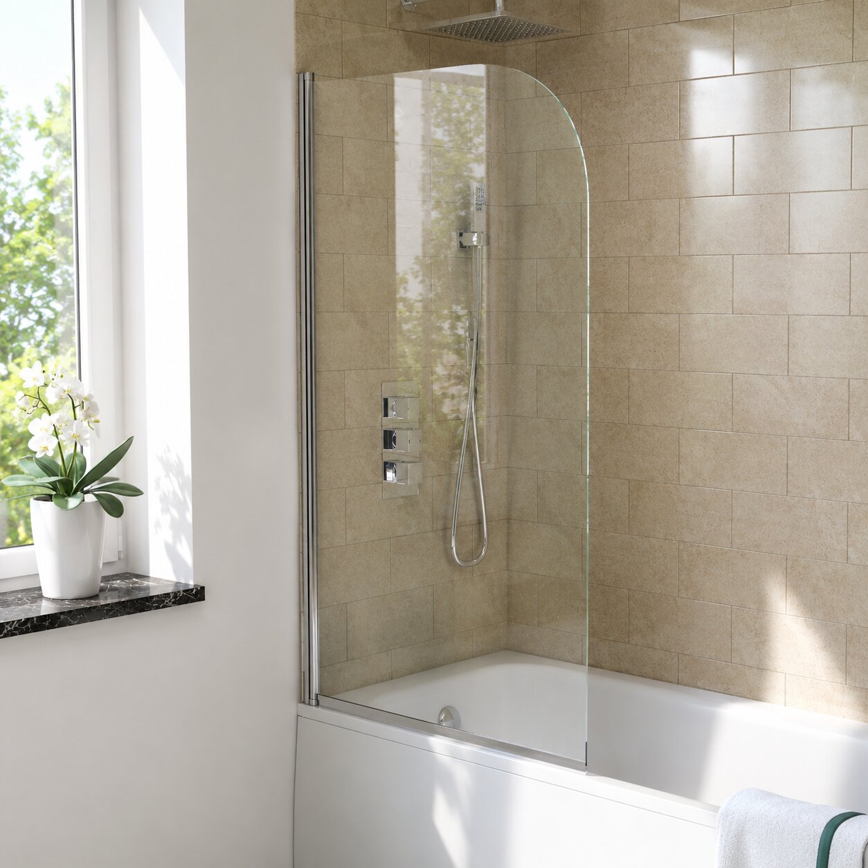 Chrome over-bath shower screen on a white alcove bath — Bathroom Republic UK