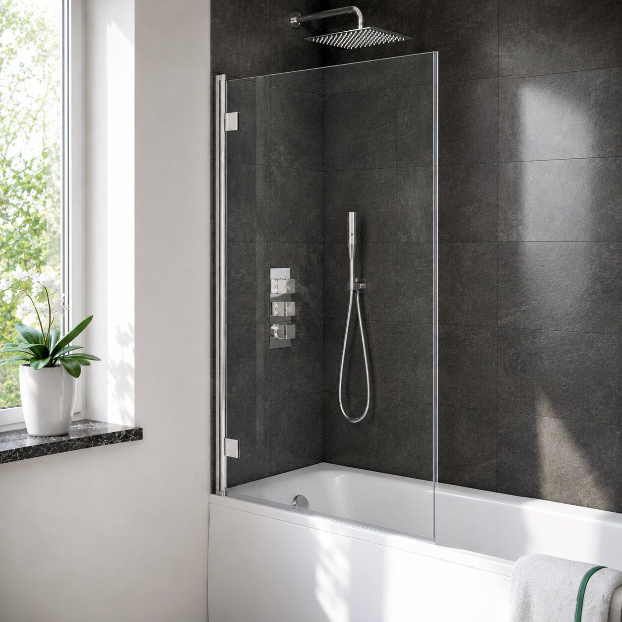 Chrome square fixed bath screen on a white alcove bath — Bathroom Republic UK