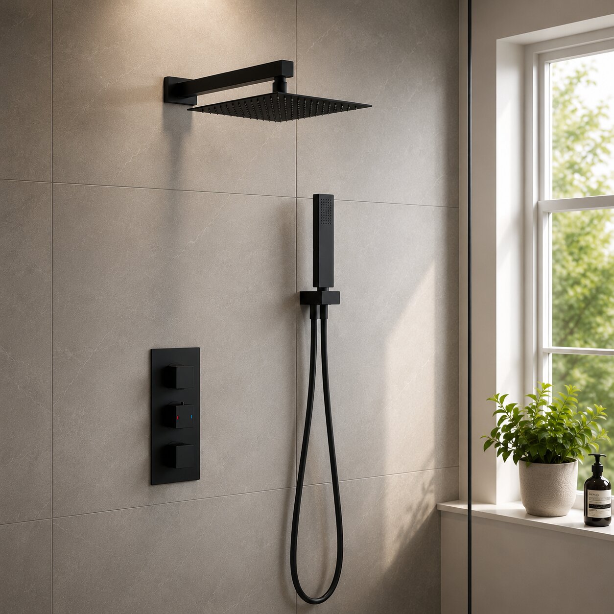 Modern matte black concealed thermostatic rainfall shower set with square overhead drencher, wall-mounted hand shower, concealed valve controls, glass shower enclosure and stone-effect wall tiles in a contemporary UK bathroom.