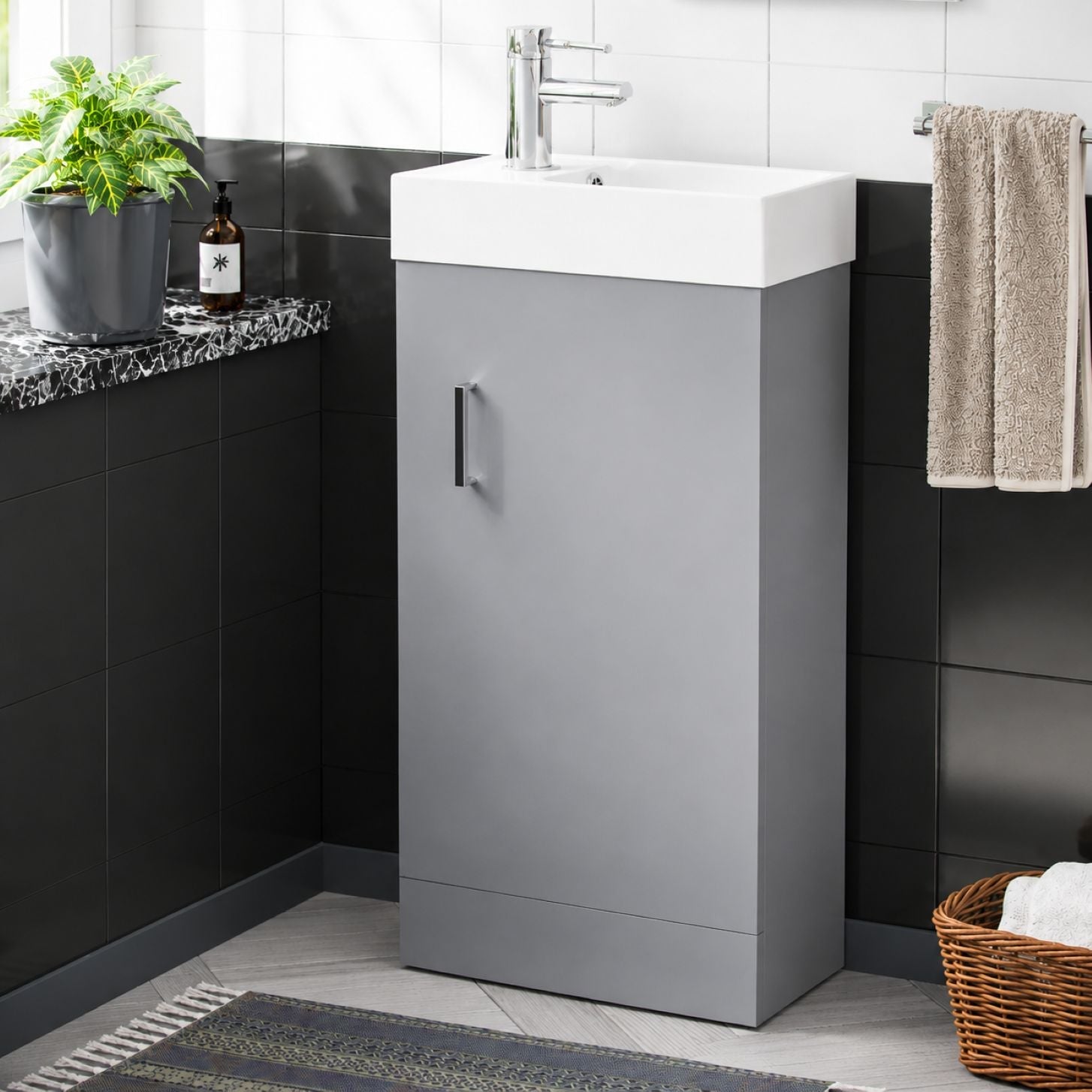Light grey 400mm cloakroom vanity unit with chrome bar handle — Bathroom Republic UK