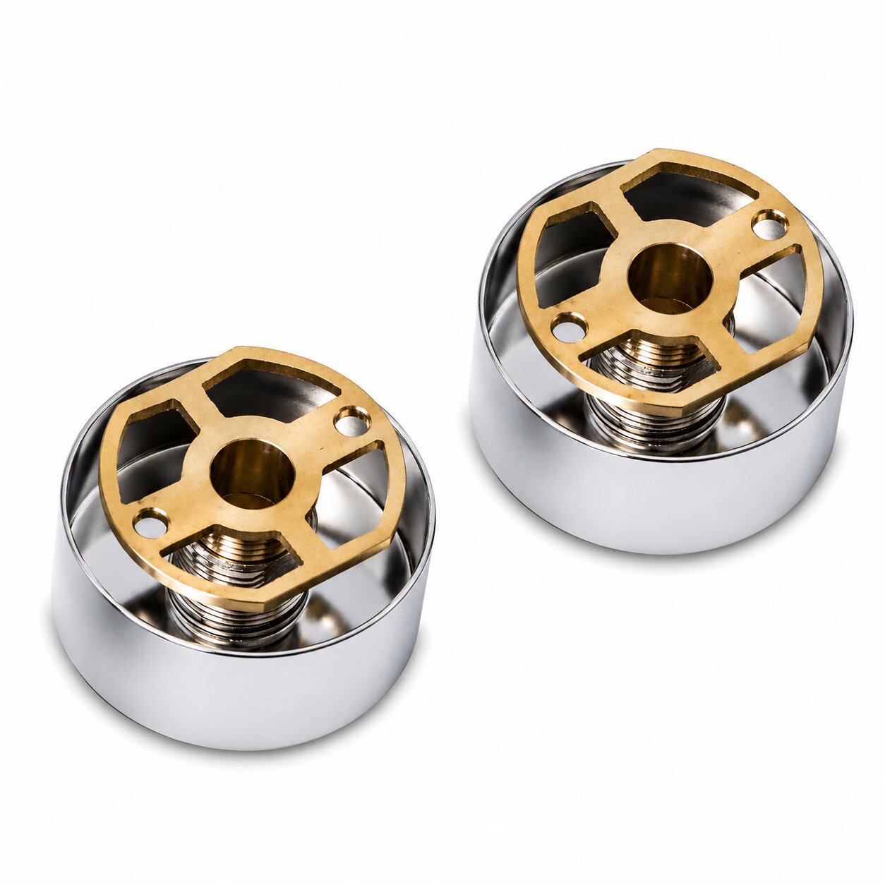 Pair of chrome and brass shower valve concealing covers for concealed shower valve installations, designed for modern bathroom plumbing systems with a premium corrosion-resistant finish.