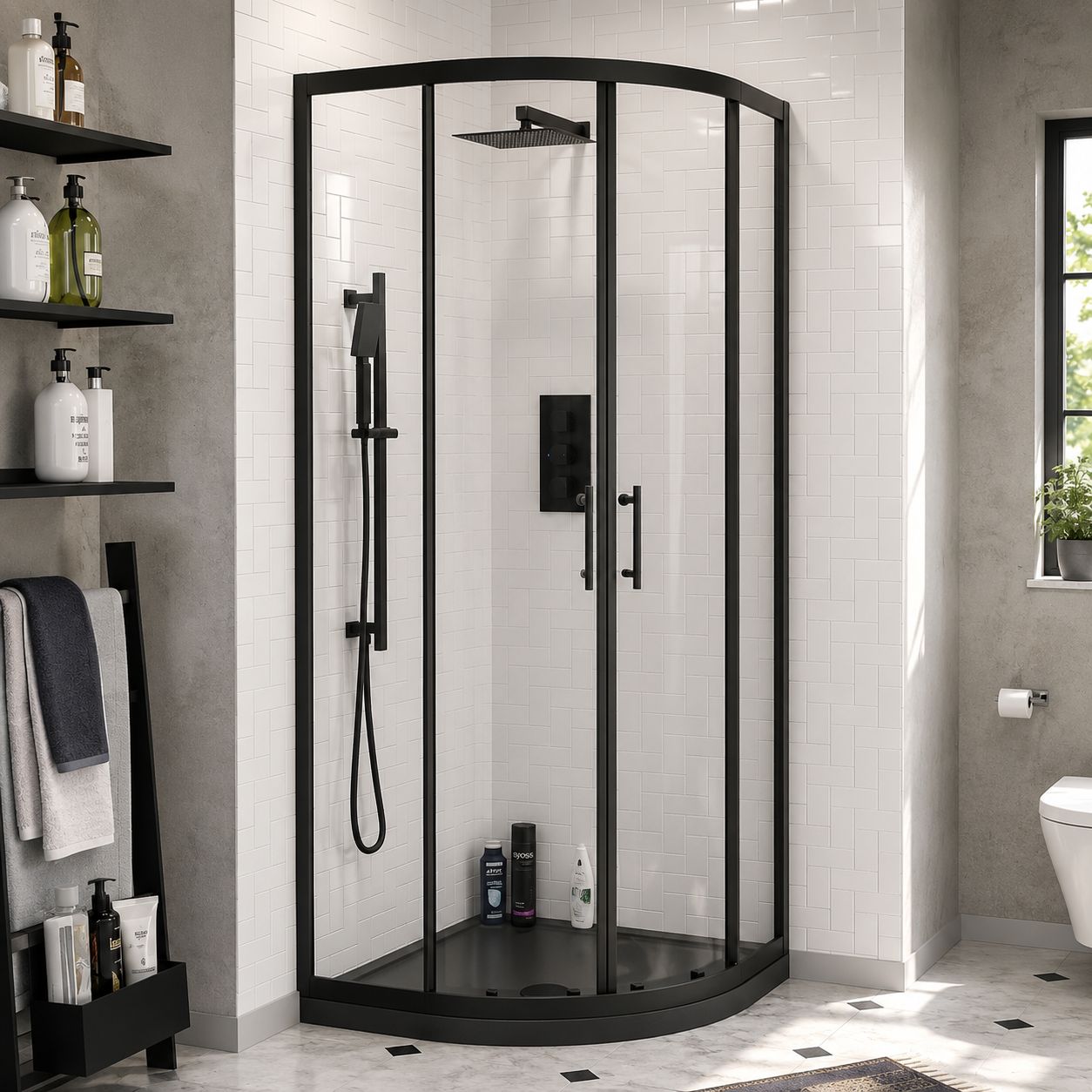 Matt black quadrant shower enclosure with flat non-reflective frame in a white tiled bathroom — Bathroom Republic UK