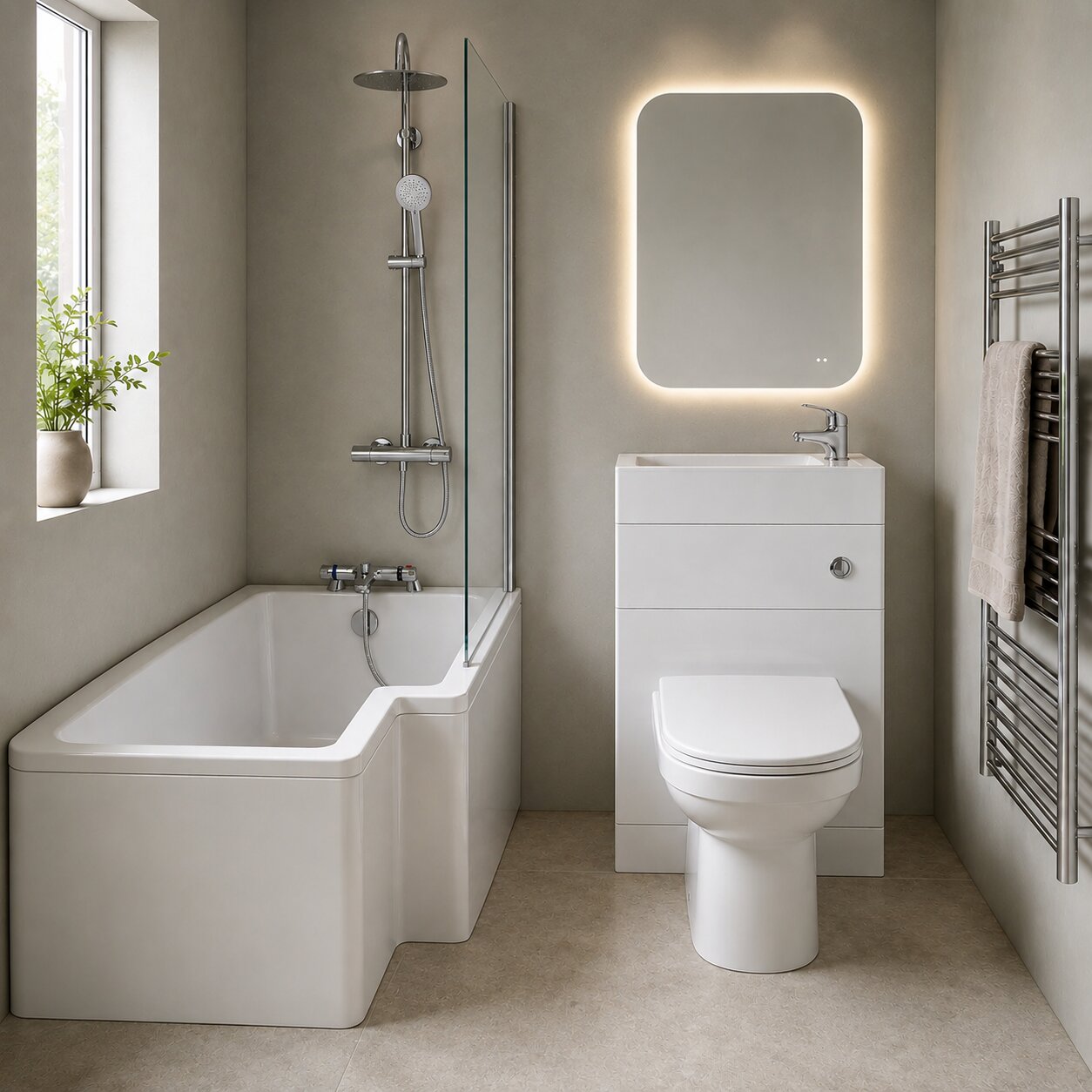 L-shaped bath suite with wider squared showering section, matching toilet and vanity unit in white — Bathroom Republic UK