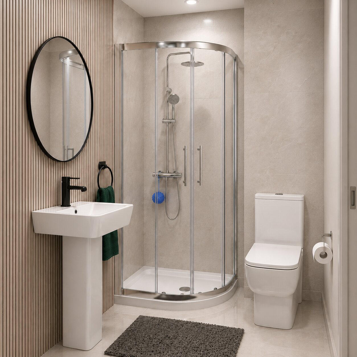 White pedestal basin and toilet with black quadrant shower enclosure — Bathroom Republic UK