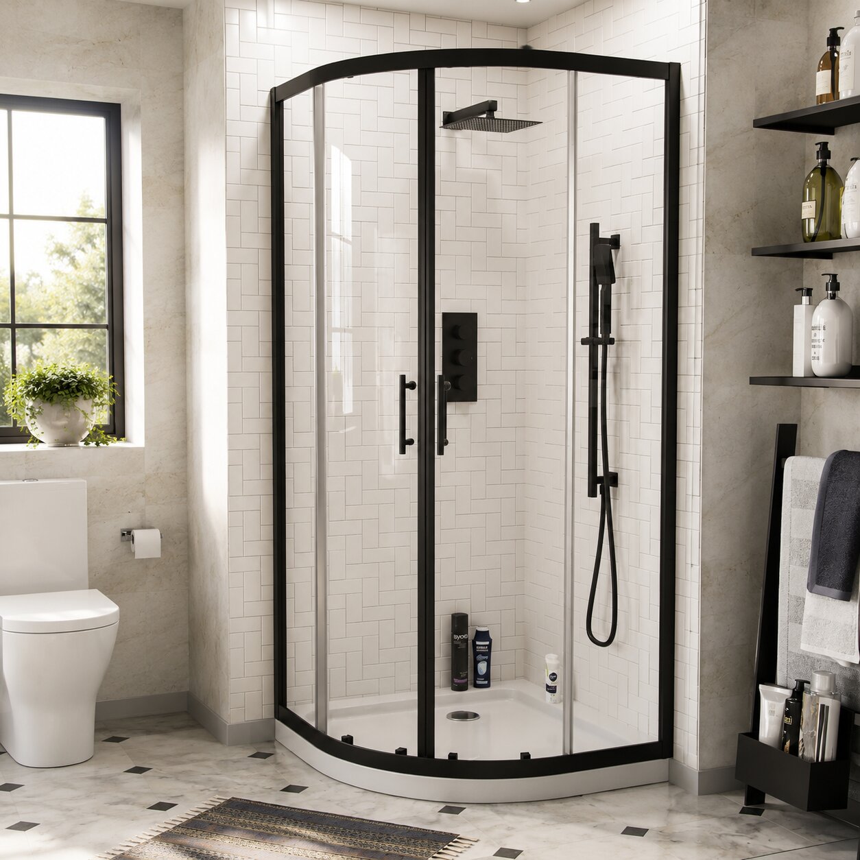 Matte black quadrant shower enclosure with curved sliding door fitted in bathroom corner — Bathroom Republic UK