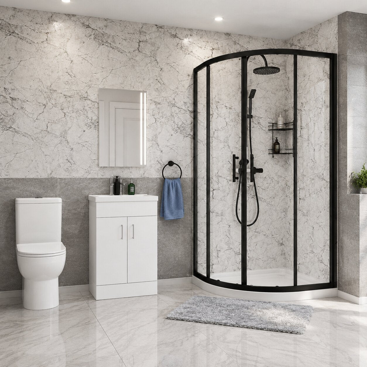 Black quadrant shower enclosure with white vanity unit and close-coupled toilet — Bathroom Republic UK