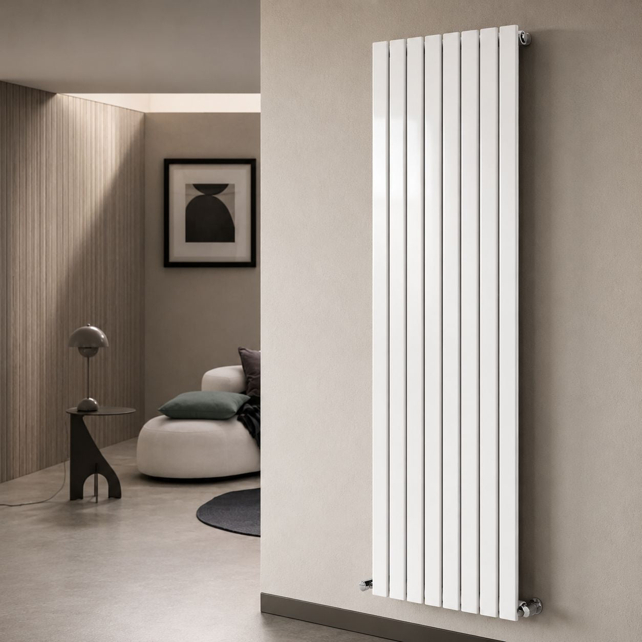 White vertical double panel radiator in a modern living room — Bathroom Republic UK