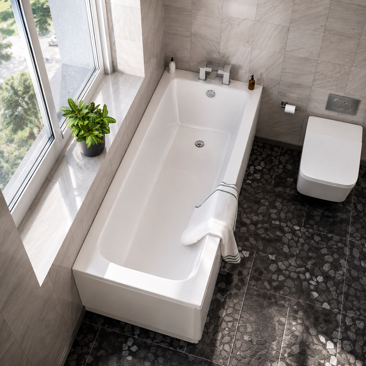 White single-ended acrylic bath with straight sides in a grey-tiled alcove bathroom — Bathroom Republic UK
