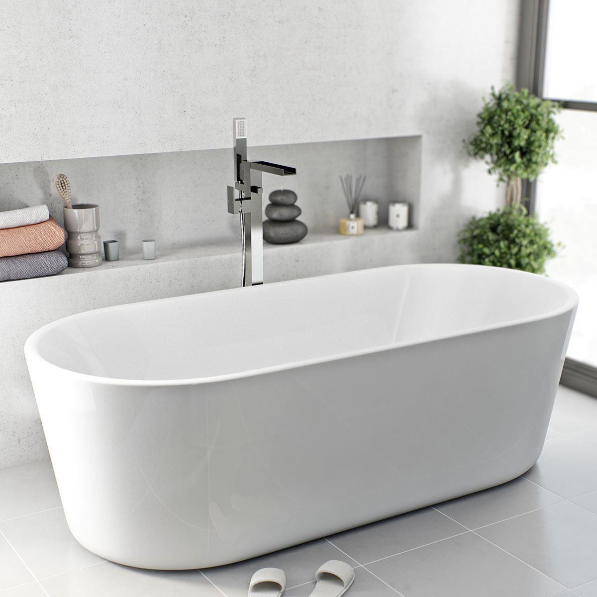 Ozone Modern Freestanding Waterfall Bath Shower Mixer Tap With Handset Kit & Basin Mixer Tap + Waste