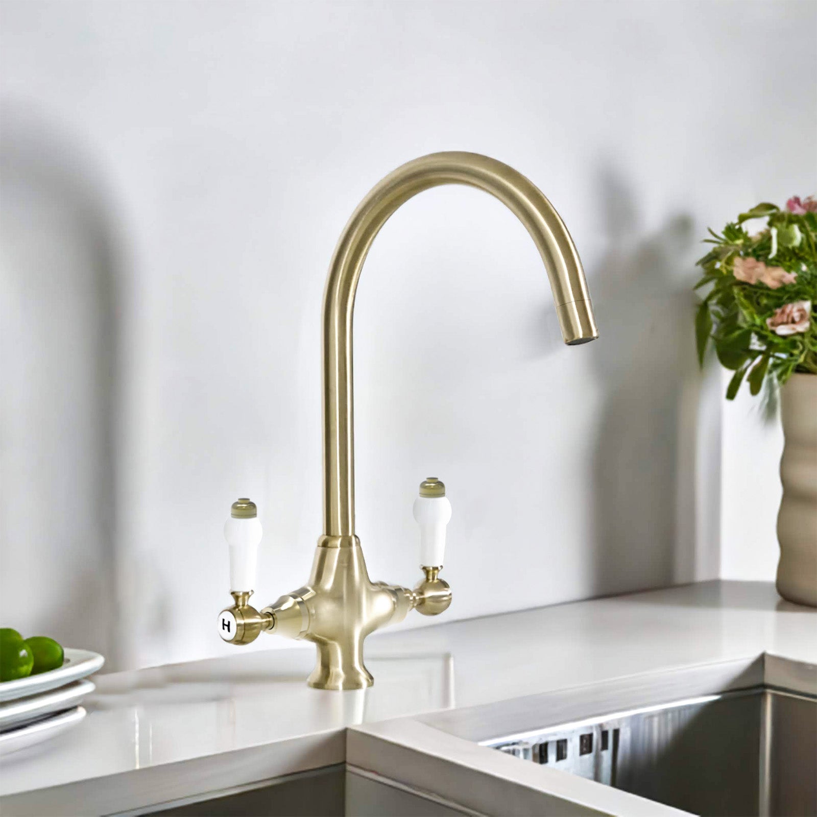 Twin Lever Brass Kitchen Sink Mixer Mono Tap Solid Brushed Brass