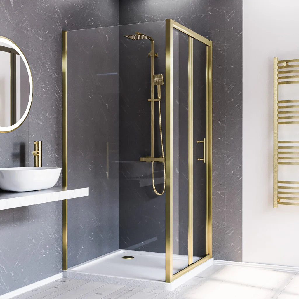 Brushed Brass 800 x 800mm Bi-fold Shower Enclosure + Shower Tray + Waste