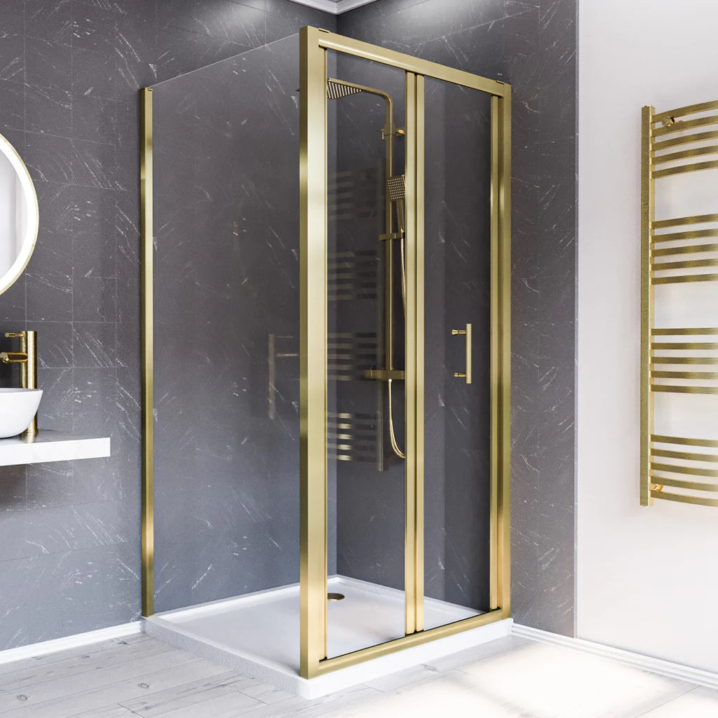 Brushed Brass 760 x 760mm Bi-fold Shower Enclosure + Shower Tray + Waste