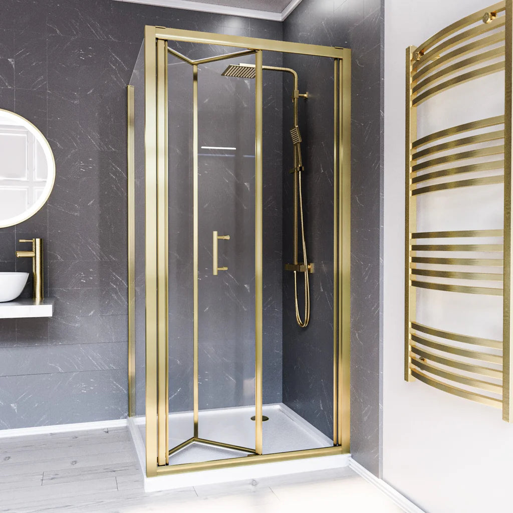 Brushed Brass 800 x 800mm Bi-fold Shower Enclosure + Shower Tray + Waste