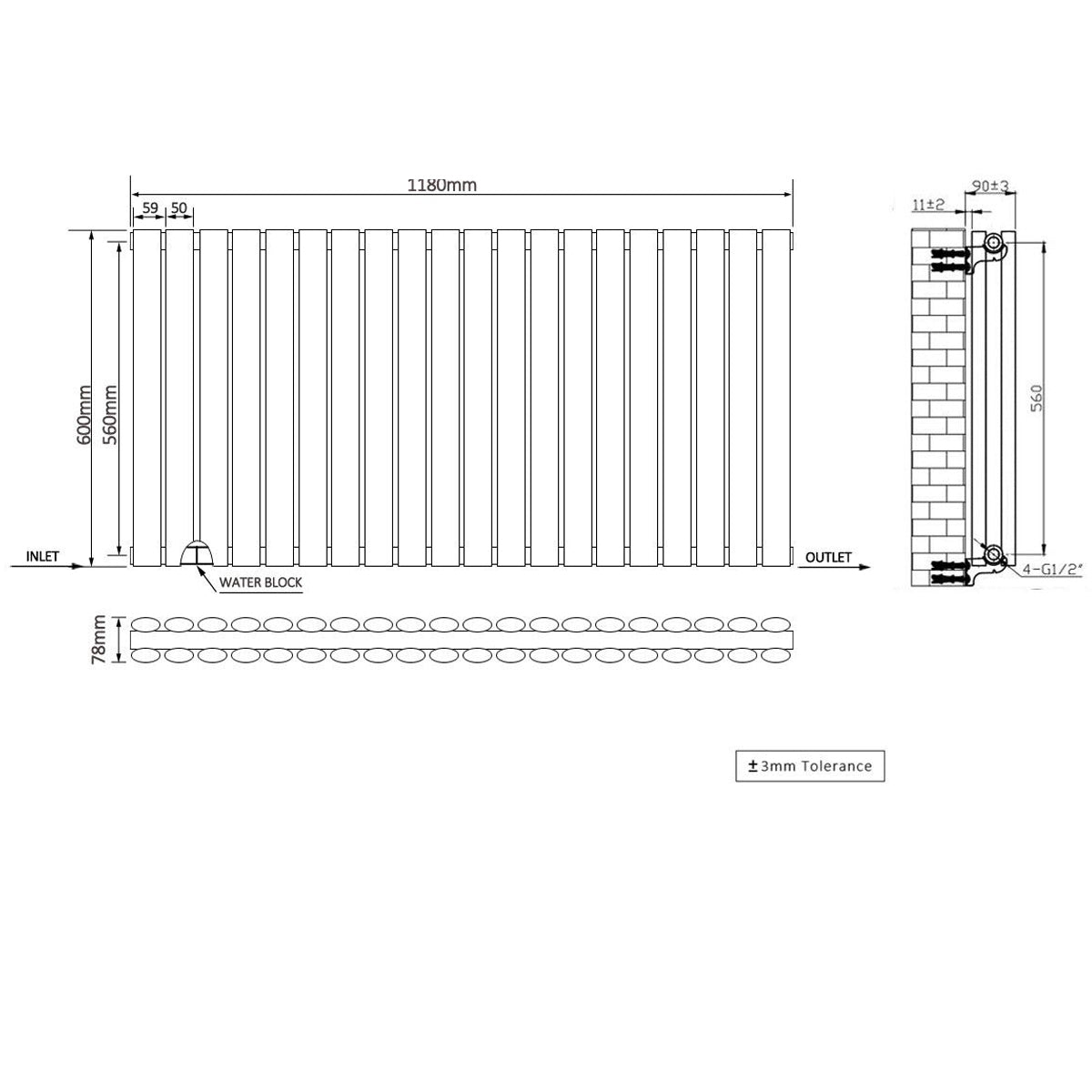 Norden 600 x 1180 mm Horizontal Double Oval Tube White Designer Radiator